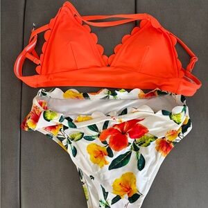 Orange Scalloped Bikini Top with Floral Bottoms